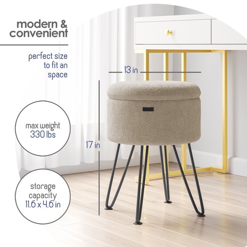 StorageBud Round Ottoman with Storage, Boucle Foot Stool, Vanity & Makeup Stool - Picture 7 of 18