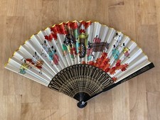 Vintage Japanese Hand Painted Bamboo  Fabric Folding Hand fan