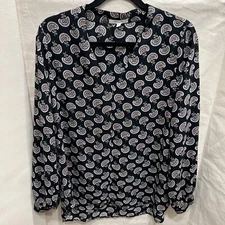 PLEIONE Anthropology Long Sleeve Blouse Top V-Neck Black Flower Dandelion Large