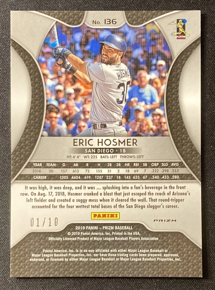 2019 PANINI PRIZM ERIC HOSMER GOLD PRIZM SAN DIEGO PADRES #1/10 - Imagem 2 de 3