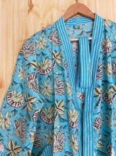 Indian Sky Blue Floral Striped Kimono Cotton Bridal Bath Robe Maxi Night Gown US