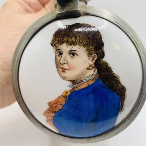 VTG German Stoneware Beer Stine Hand Painted Porcelain Lid 1870s Women - Picture 5 of 11