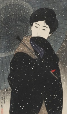 Japanese Art Woodblock Print Bijinga ''Snowy Night (Yoru no Yuki)'' SHINSUI ITO