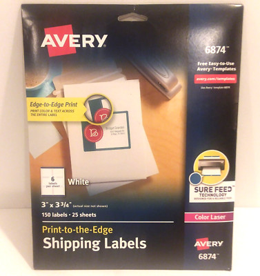 Avery  6874 Print to Edge Shipping Labels WHITE 3 x 3.75'' Color Laser 150/pk NEW