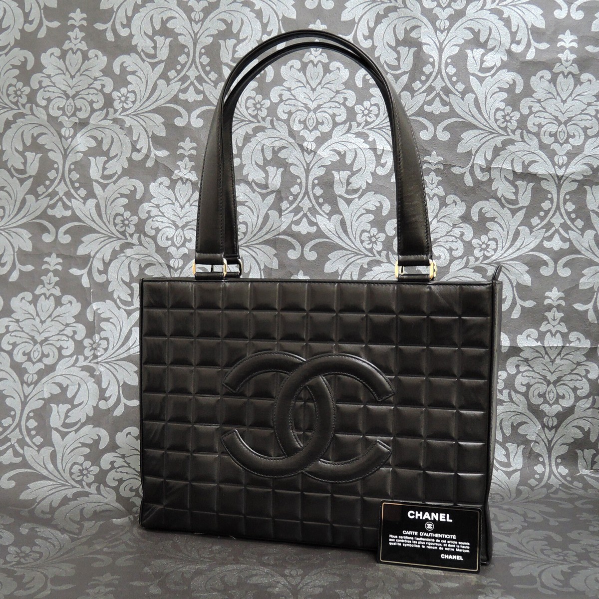 CHANEL Chocobar Calf Skin Leather Black Shoulder Bag Tote