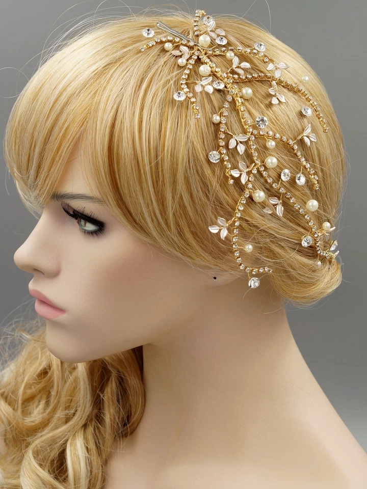 Tocado de perlas con estrás de cristal para cabello nupcial hoja accesorio de boda oro 07237 Foto 2 de 4