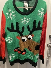 Ugly Christmas Sweater Reindeer Face Red Sleeves Knit Holiday Red Green Medium