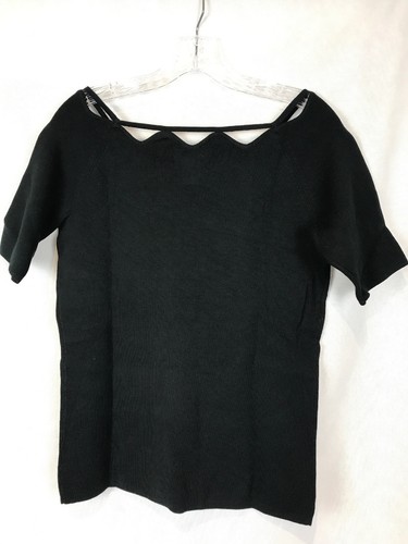 Top donna medio stile Metro nero a costine collo decorativo manica corta nuovo senza etichette - Foto 4 di 5