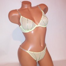 Victoria Secret Bra Set 36B Low Cut Demi Large Thong Panty Yellow Shine Strap