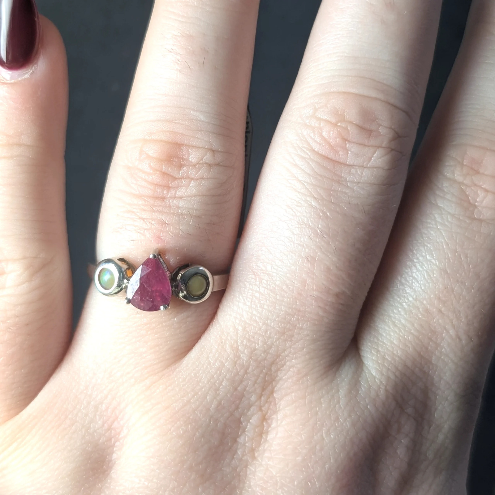 Sterling Silver Ruby Opal Ring, Teardrop Pink Fire - image 5