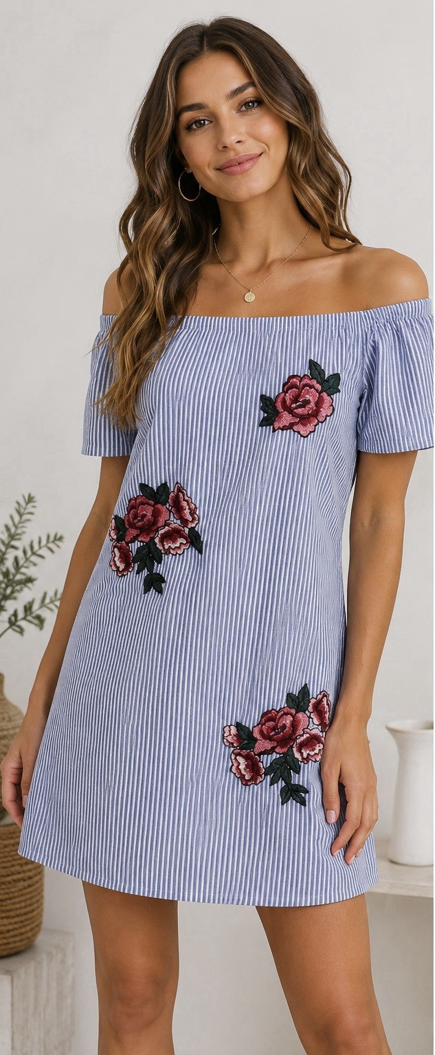 Style Envy Striped Floral Embroidered Off Shoulder Mini Dress Women’s M Boho