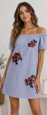 Style Envy Striped Floral Embroidered Off Shoulder Mini Dress Women’s M Boho
