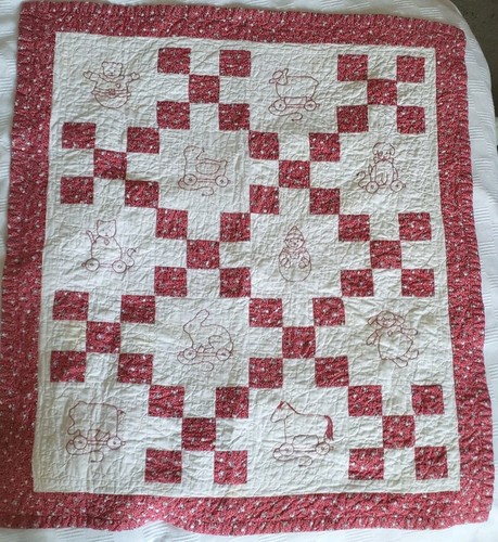 Vintage Baby Quilt Redwork Embroidery Nursery Wall Hanging Crib Throw 46x37 Red