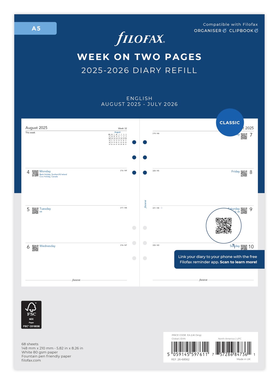 Filofax A5 week on two pages mid year diary August 25 to July 26 A5, White