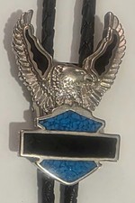 Vintage Metal Bolo Tie, Nice Silver and Blue Crushed Turquoise Design, Eagle