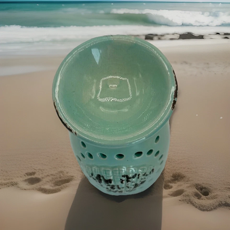 Calentador de aceite de cera de cerámica azul aguamarina envejecido recorte decoración de playa costera Foto 4 de 4