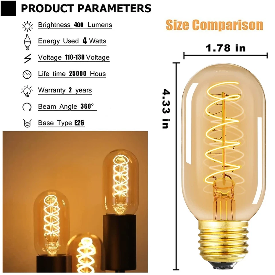 Vintage LED Spiral Filament Bulb T14, E26 Base, 4W Equivalent, 40W Warm White... - Image 3 of 4
