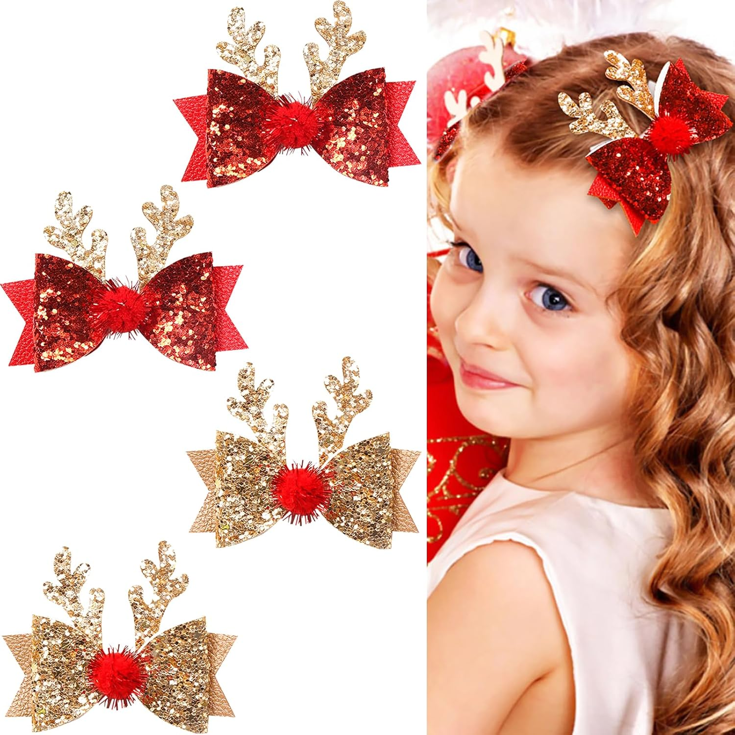 4 Pcs Christmas Hair Clips Xmas Bow Hair Accessories Cute Reindeer Antlers Ears