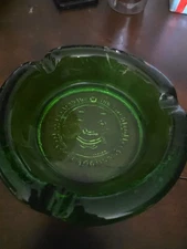 Vtg MCM Blenko Heavy Glass Large Round Sun Face Ashtray Emerald Green - 7.25"