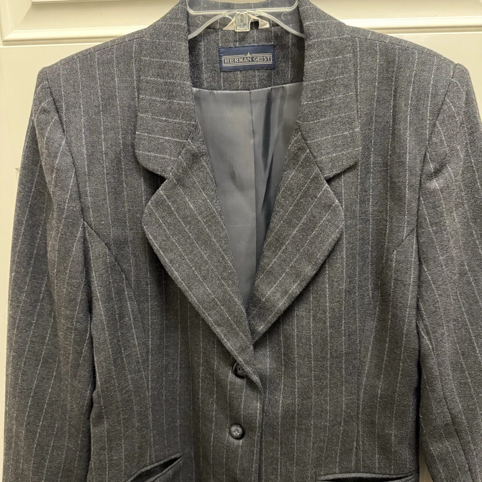 Blazer Herman Geist 100 % lana gris con rayas talla 12 Foto 3 de 4