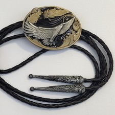 Vintage Eagle Bolo Tie 1987 Siskiyou Buckle Co Pewter 3D Leather