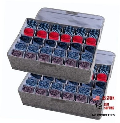 2 Packs Underwear Socks Ties Storage Organizer with Lids 2*30 Cells Gray