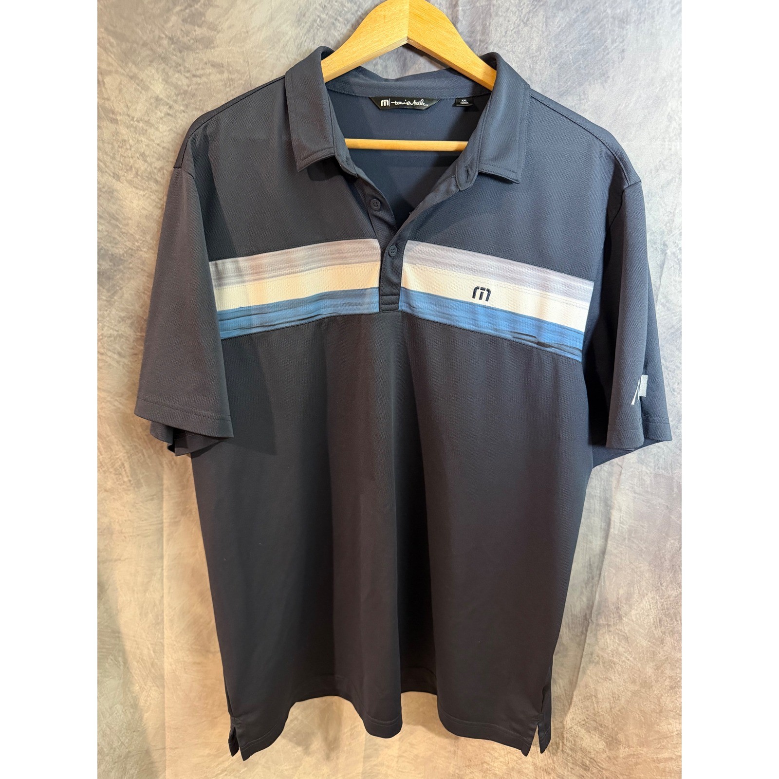 TravisMathew Mens XXL Navy Blue Striped Performance Golf Polo Shirt Short Sleeve