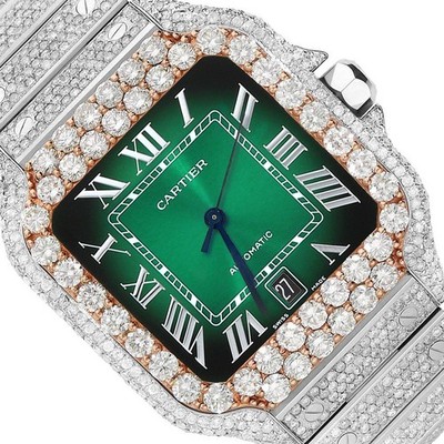 NEW 13TCW Natural Diamond Cartier Santos Large 40mm Pave Roman Green Dial Men's