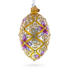 Purple Flowers on Golden Scroll Glass Egg Ornament 4 Inches