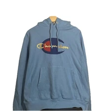Champion Script and Big C Logo Blue Hoodie Size Medium