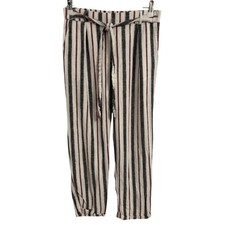 Love Tree Womens L Linen Flowy Striped White/Burgundy Cropped Pants Resort Beach