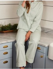 LAKE Sage Green Gingham Pajama Set Long Sleeve Pant Size M Cotton Poplin Pockets