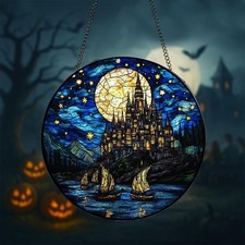 Wizard School Stained Glass Suncatcher: Enchanted Castle Window Deco