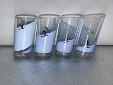 Set 4 Vintage Italy Raised Enamel Skiing Highball Glasses Slanted Base MCM Bar