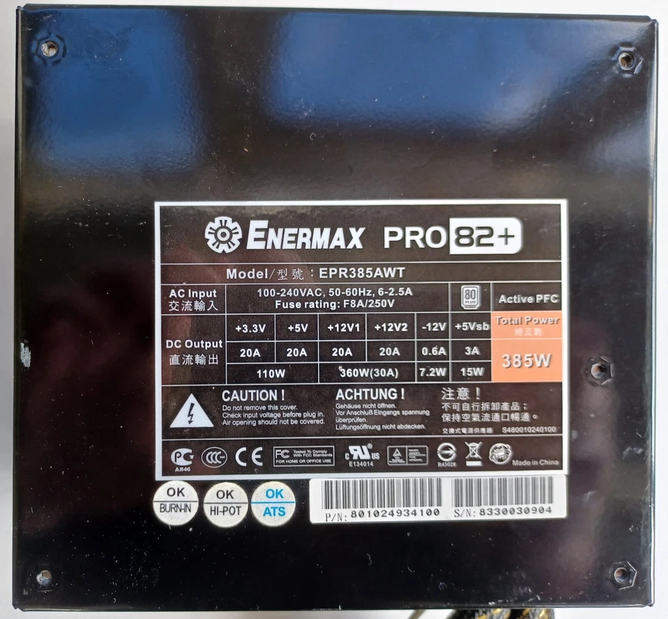 ENERMAX PRO82+ EPR385AWT 385W ATX12 Ver.2.3 80 PLUS Bronze Cert. Power Supply - Image 4 of 4