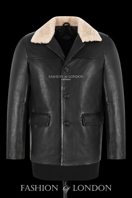 Herren Schwarz Klassisch Echtleder Box Knopf Mantel Abnehmbarer Kragen Jacke 7742