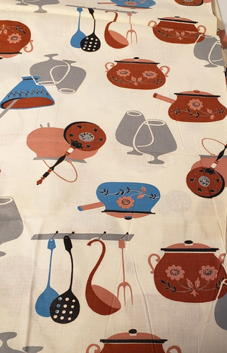 VTG Kitchen Fabric 8.5 Yds Brandy Snifter Pots Pans Mortar Pestle Spoons Ladle - Picture 3 of 4