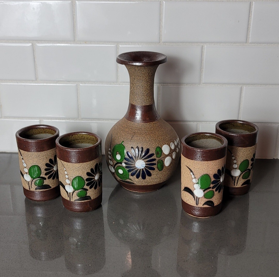 Stoneware Pottery Liquor Decanter Set Shot Glass Cups Sake Tequila Whiskey