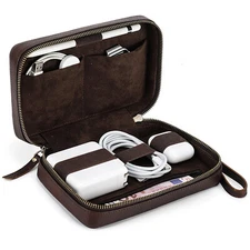 Travel Storage Bag Organizer Leather for Cables Stylus Accessories Zipper