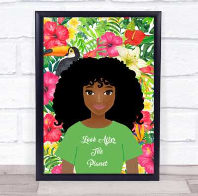 Frau lockiges Haar tropisch Look After The Planet Blumen Natur Wandkunstdruck