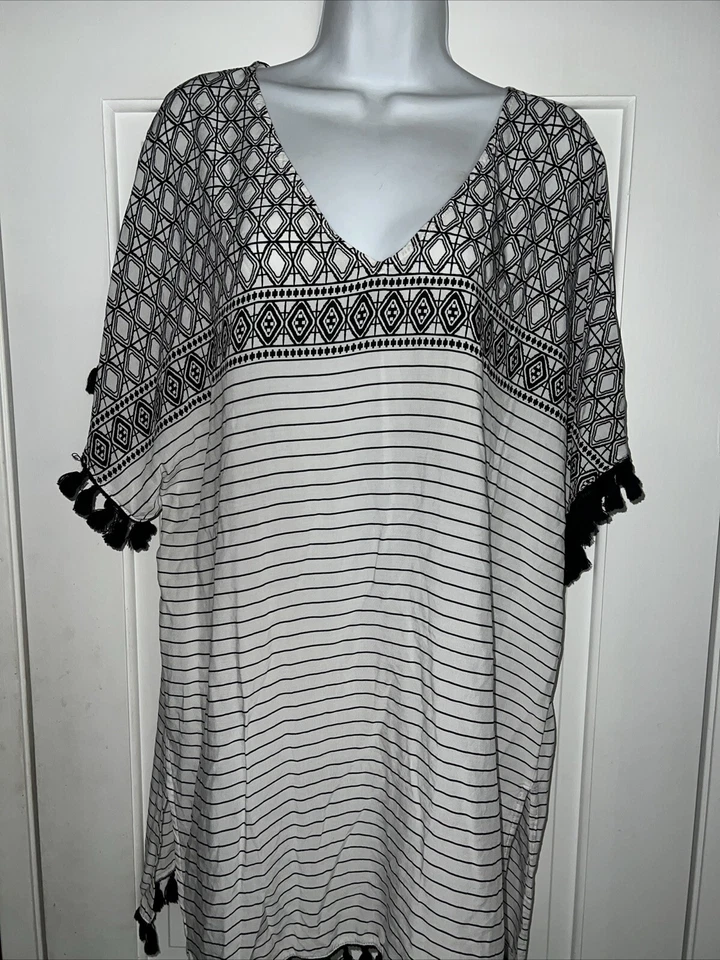 Merona Natación Cubre Mujer Talla Mediana Blanco Azul Borla Borla Playa Foto 4 de 4