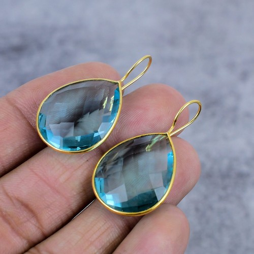 Blue Topaz Gemstone Handmade 925 Sterling Silver Jewelry Earring For Her 1.5"