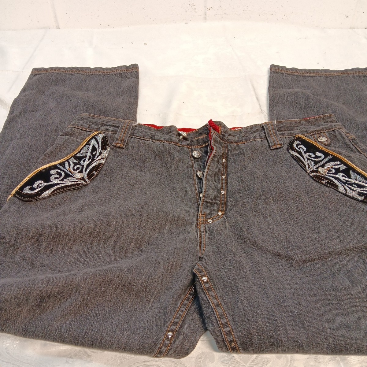 Crown Holder Jeans Mens 38x31 Blue Embroidered Dark Wash
