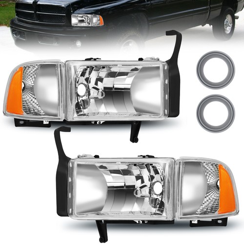 Headlights For 1994-2002 Dodge Ram 1500 2500 3500 Chrome Housing Headlamps Pair - Picture 2 of 9