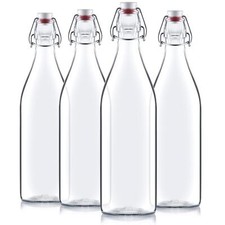 Set of 4 Heavy Duty Clear Glass Swing Top Bottles for Beverages and Storage