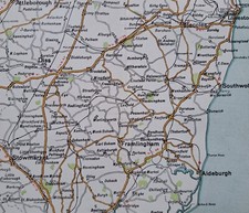 1908 antique Suffolk road map. Southwold, Aldeburgh, Framingham & Stowmarket.