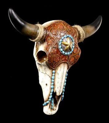Wandrelief - Rinderschädel mit Indianerschmuck - Fantasy Western Bullenschädel  - Bild 1 von 3