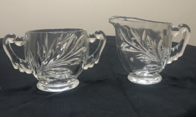 Vintage Indiana Glass Willow Leaf Clear Glass Creamer And Open Sugar Bowl Set