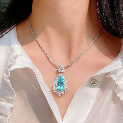 European Teardrop Neon Blue Tourmaline Gemstone Silver Drop Necklace Pendants - Picture 2 of 6