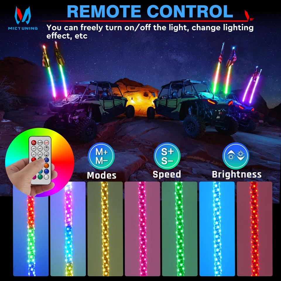 2x 4FT RGB LED Flat Whip Lights Antenna Remote for Polaris RZR ATV Can-Am X3 UTV - Image 4 of 4